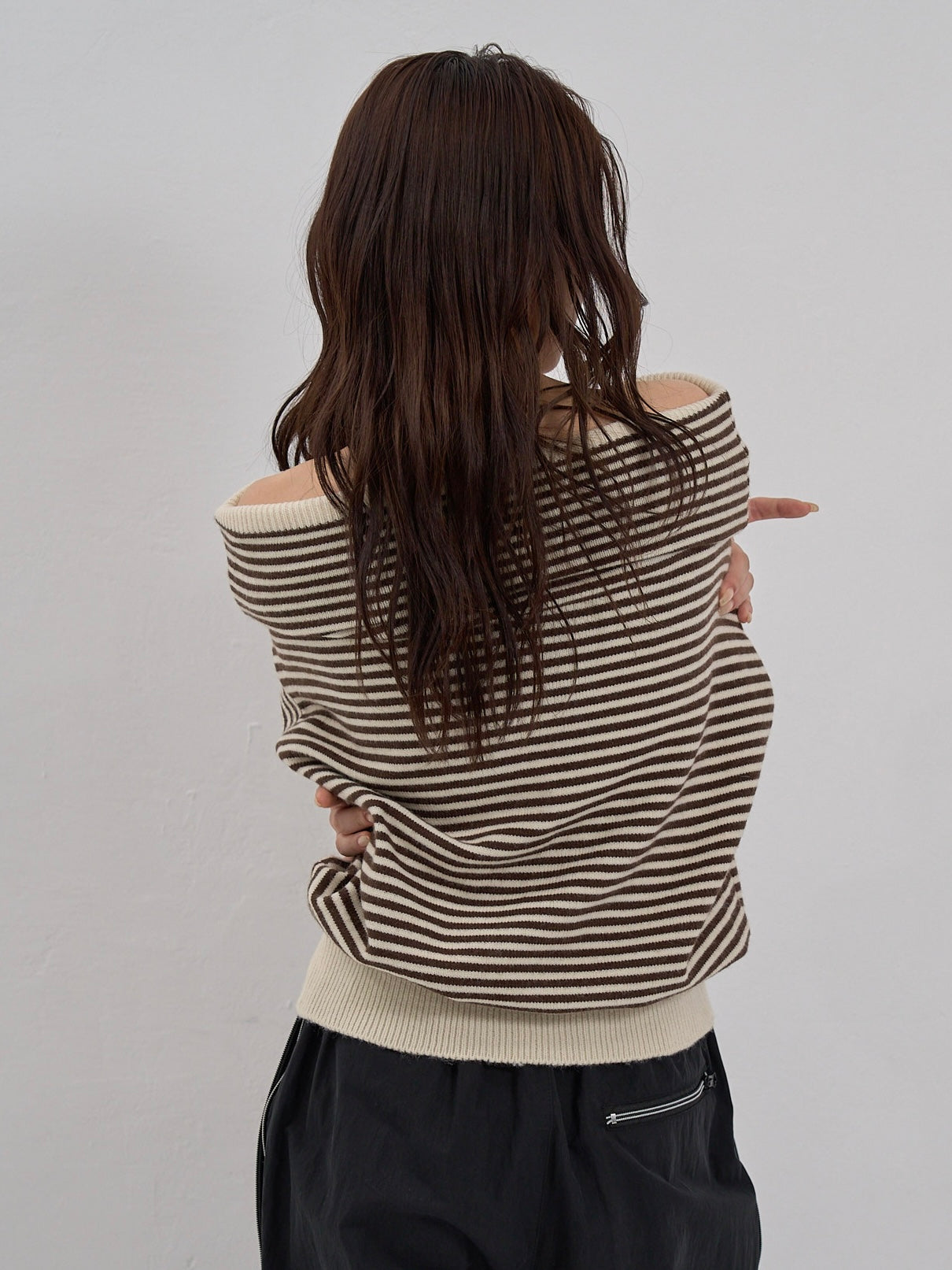 striped off shoulder knit