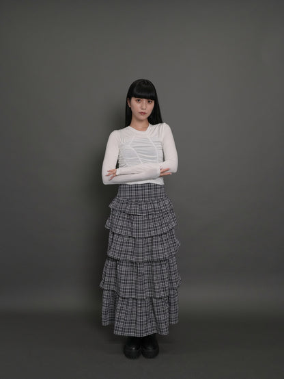 check frill long skirt