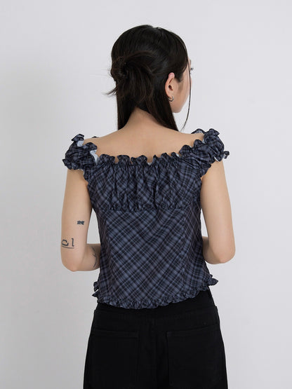 check frill sleeveless blouse
