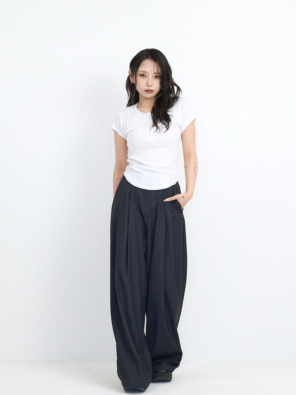 cropped stud henley tops