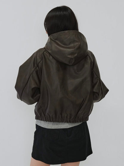 cropped hooded leather jacket