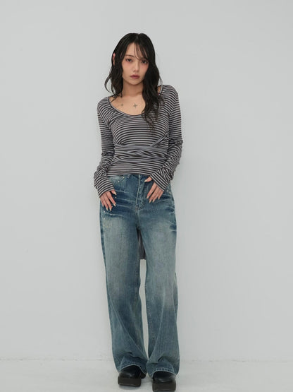 stripe waist wrap tops