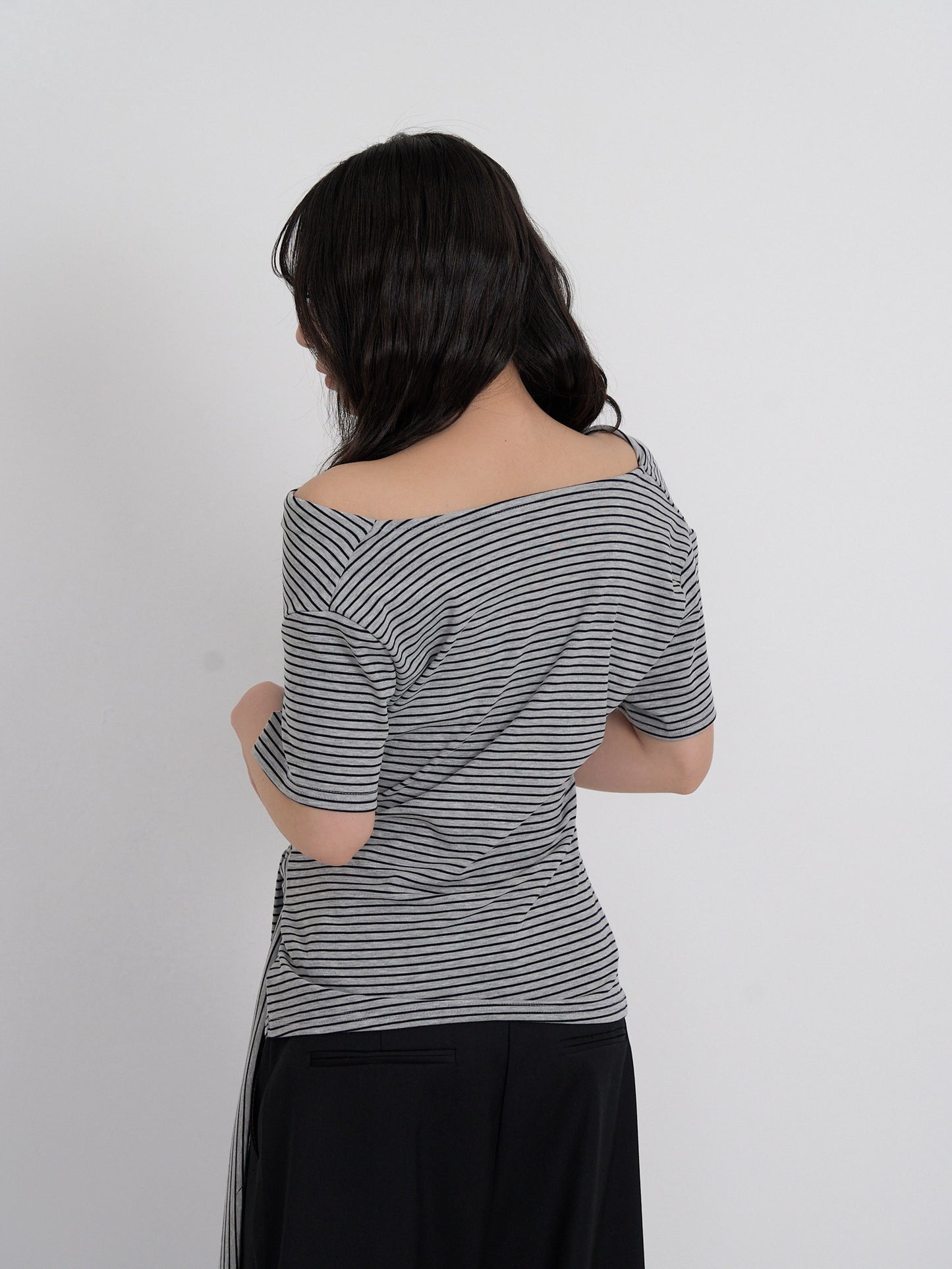 waist tie stripe tops