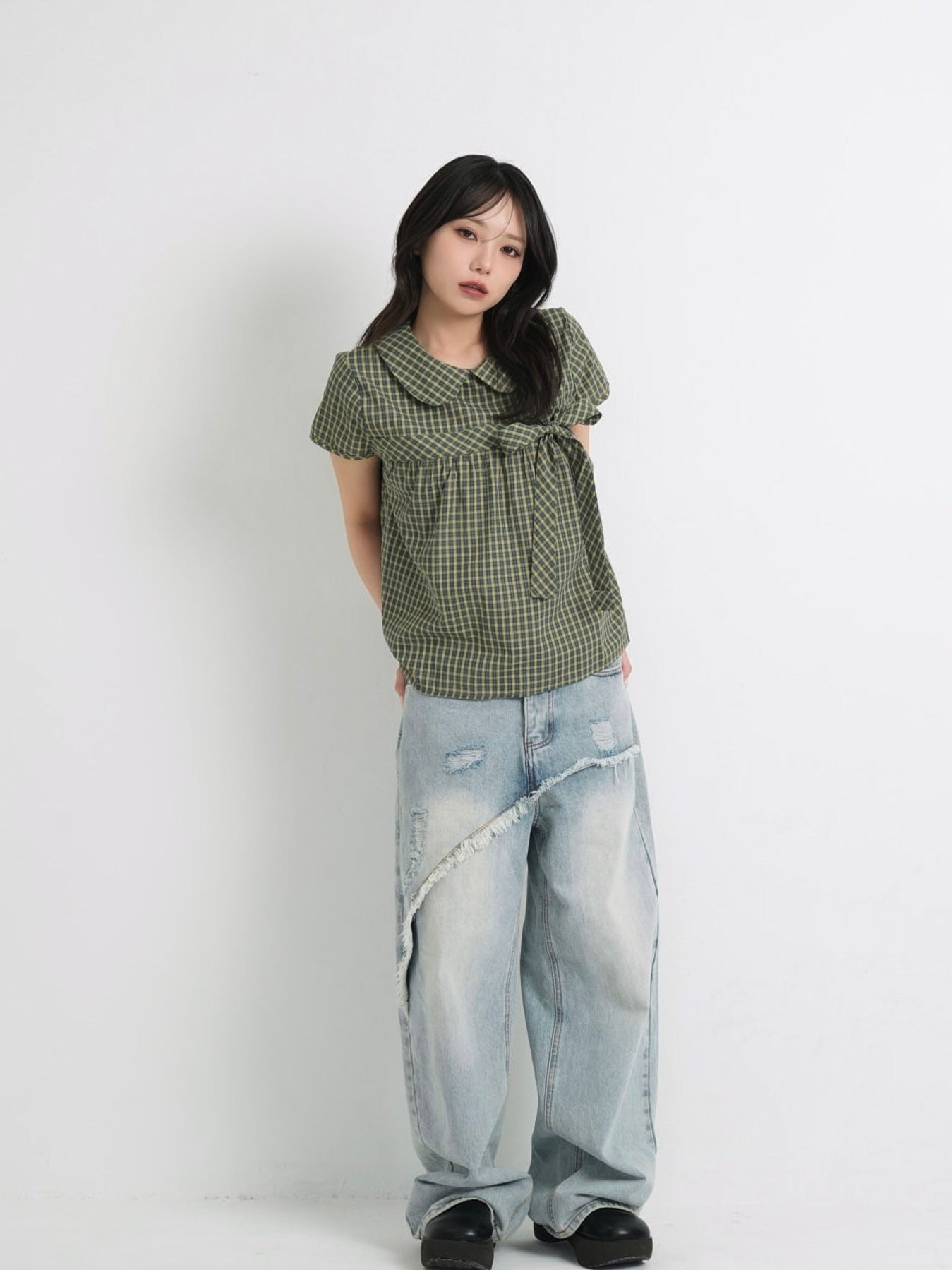 collar check blouse