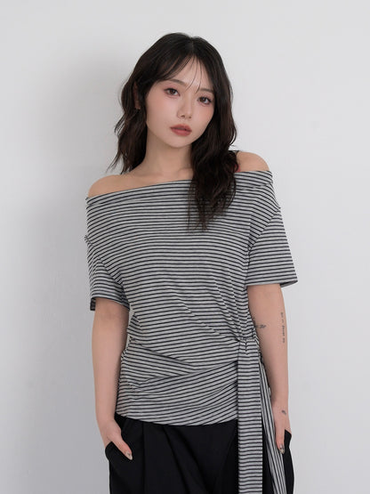 waist tie stripe tops