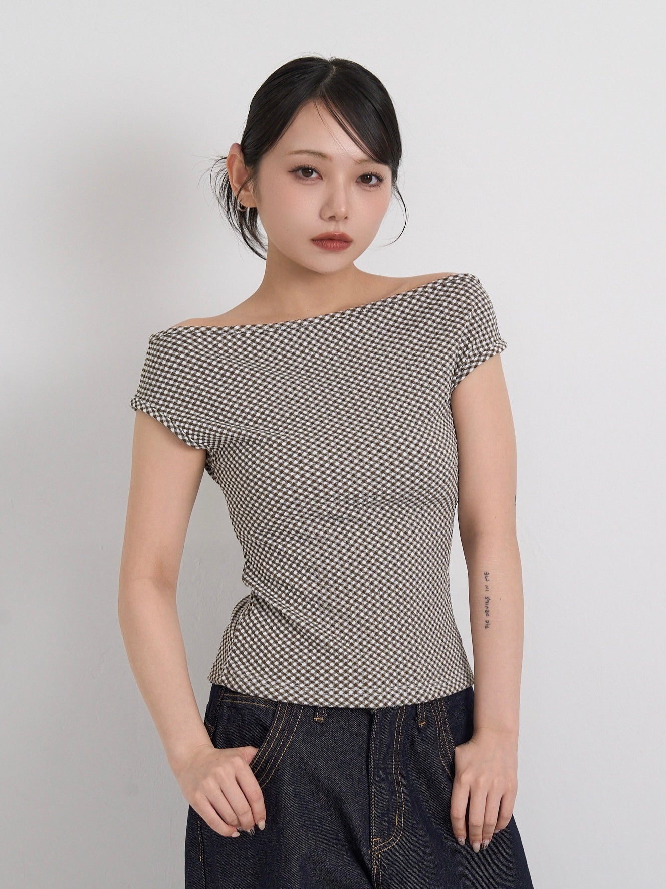 gingham off shoulder tops