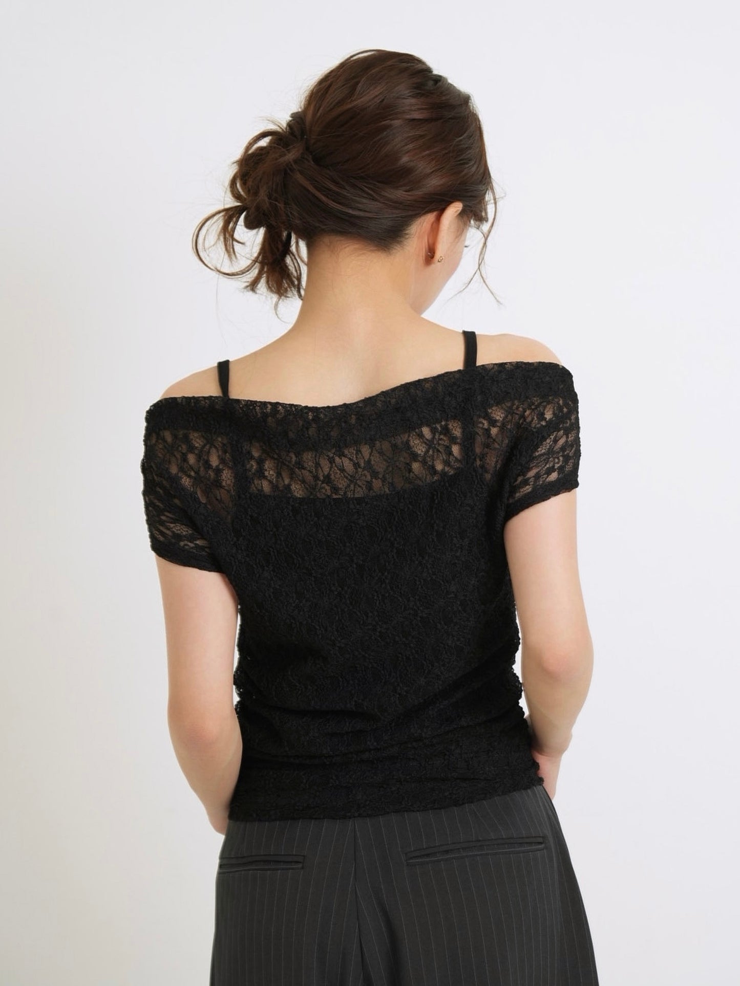 lace shirring off shoulder tops