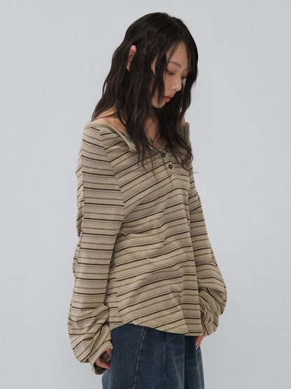 stripe button off shoulder t