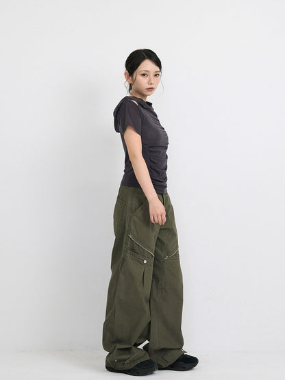 ‫low rise cargo pocket wide pants ‬