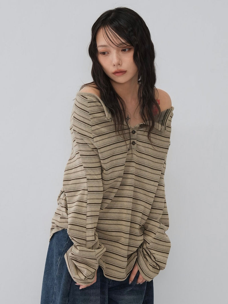 stripe button off shoulder t