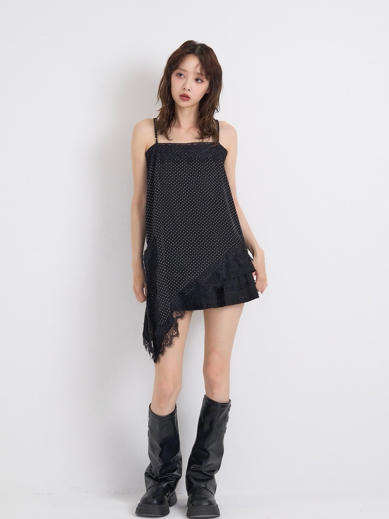 dot lace slip dress