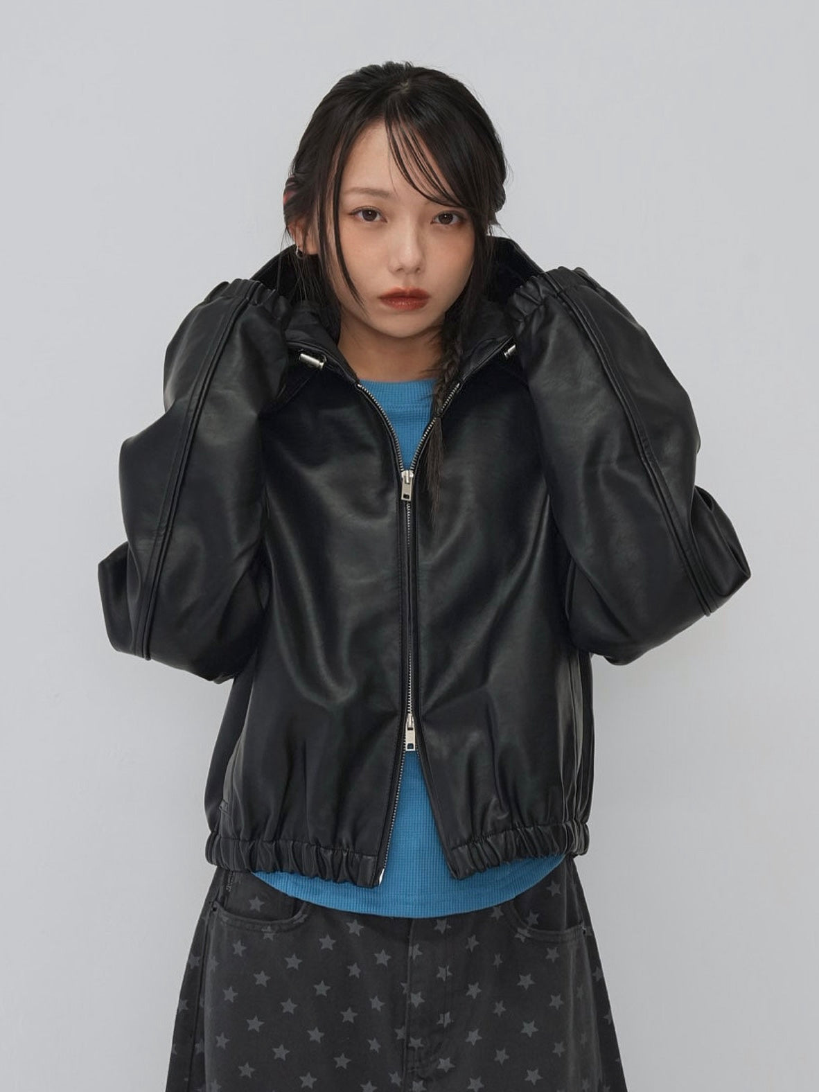 cropped hooded leather jacket