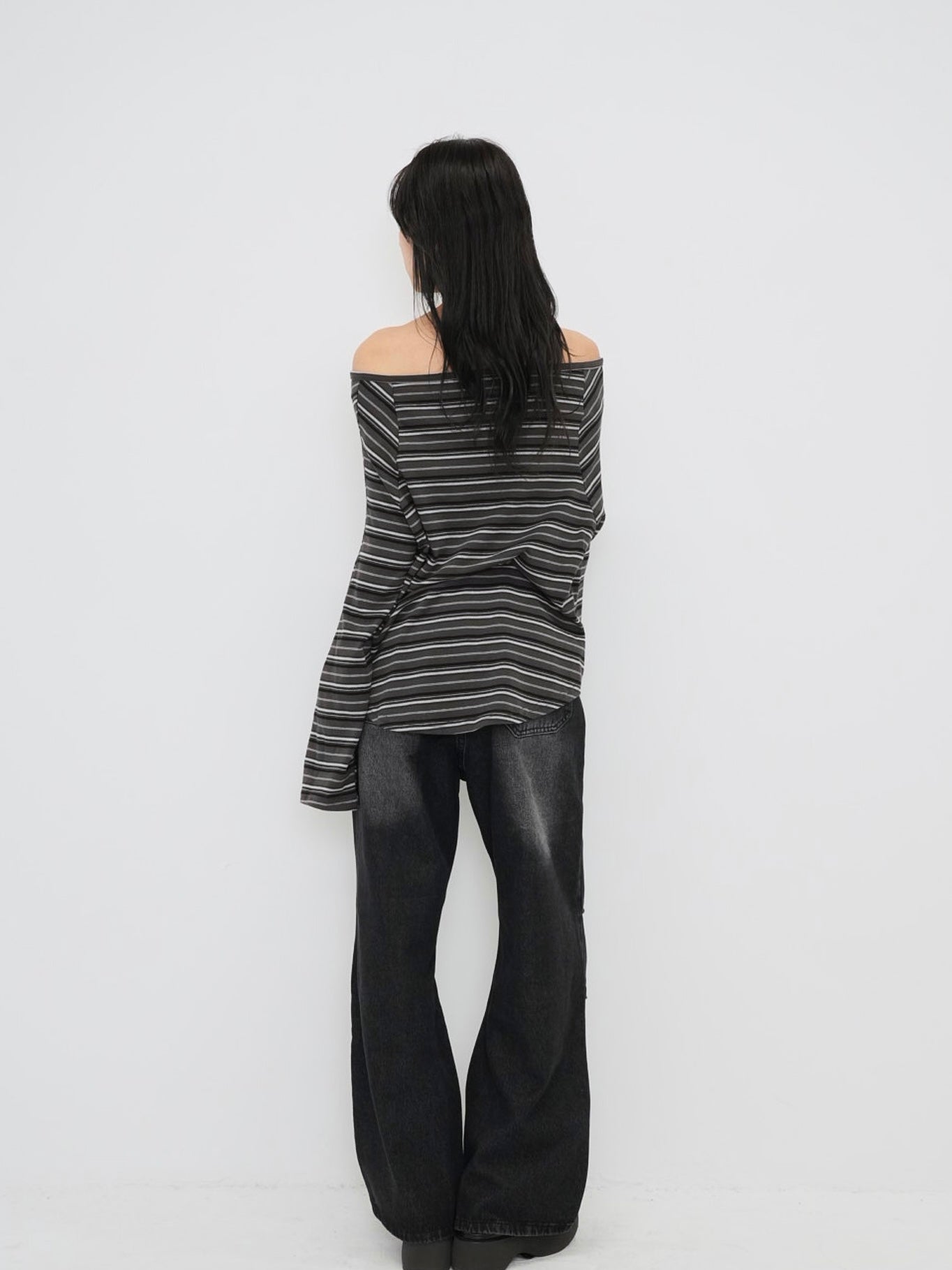 stripe button off shoulder t