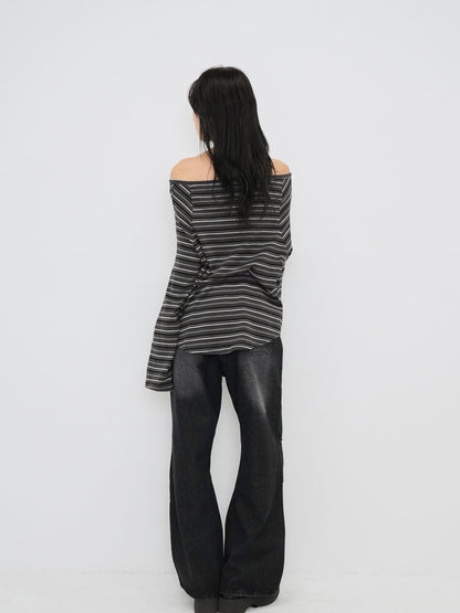 stripe button off shoulder t