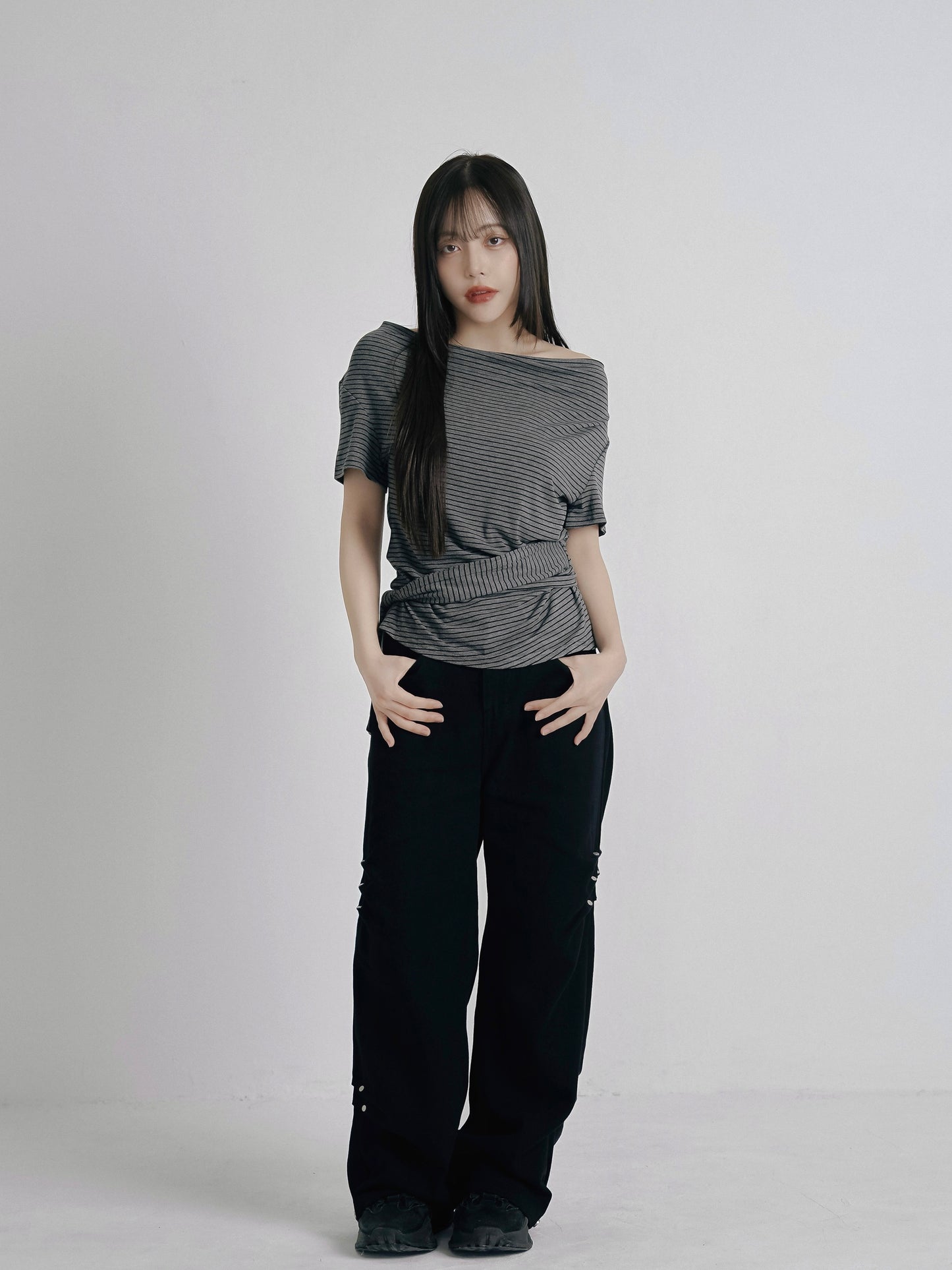 waist tie stripe tops