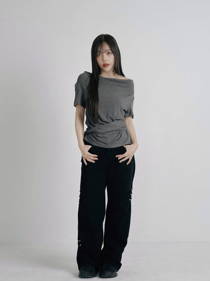 waist tie stripe tops
