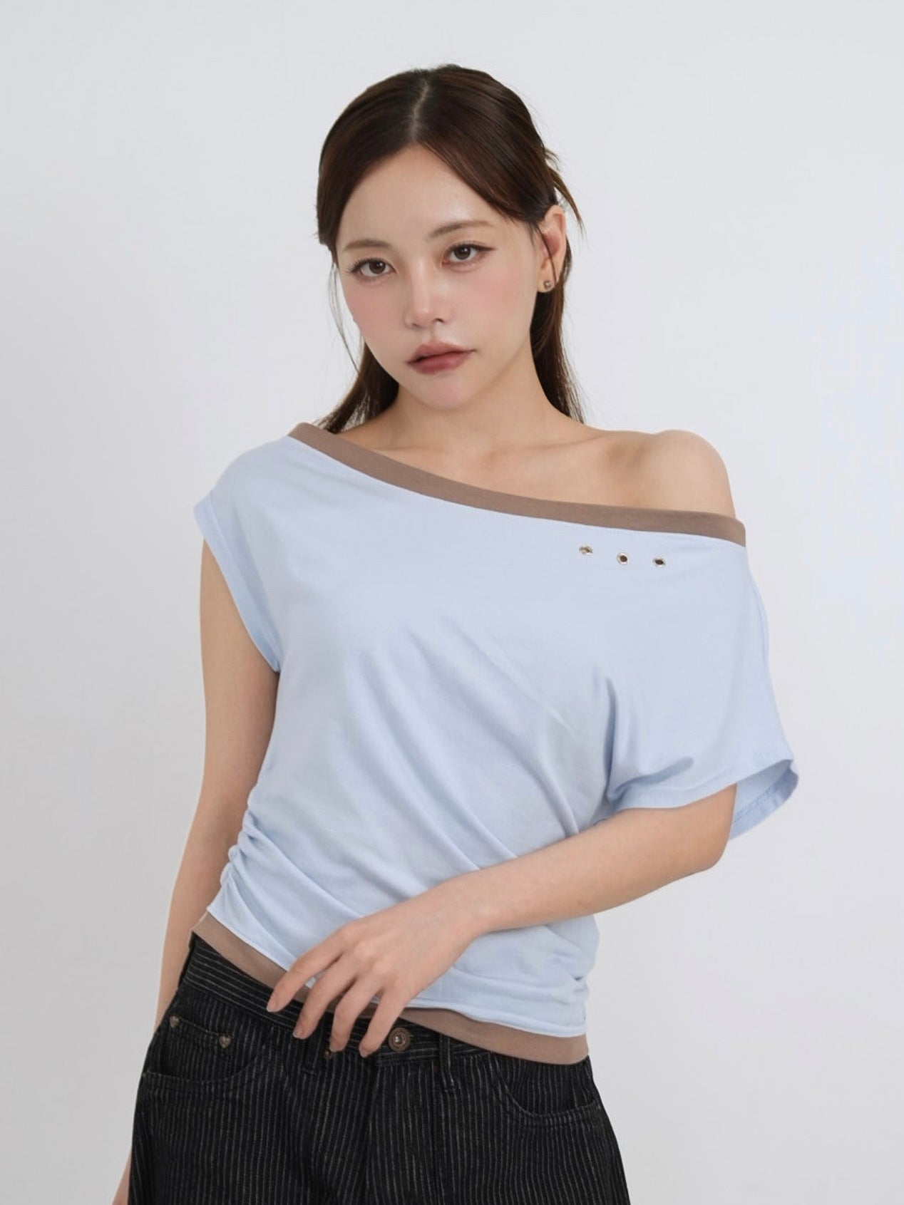 bicolor eyelet off shoulder tops