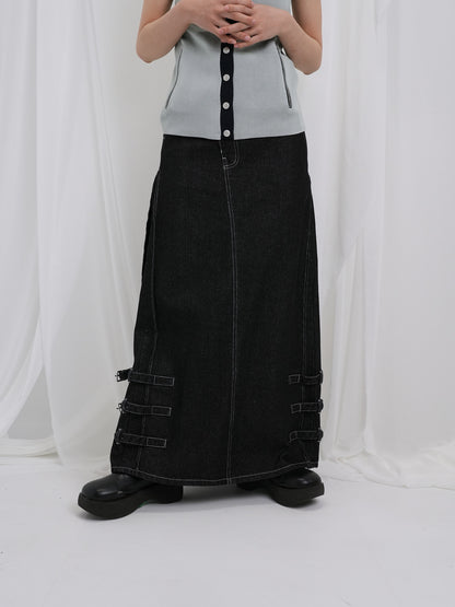 belt long denim skirt