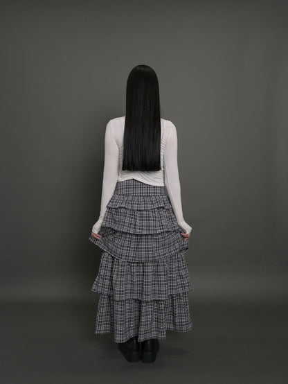 check frill long skirt