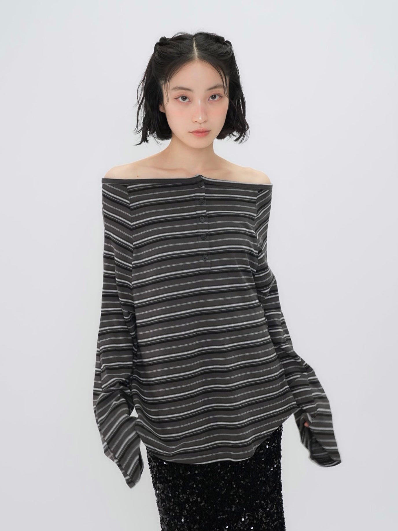 stripe button off shoulder t