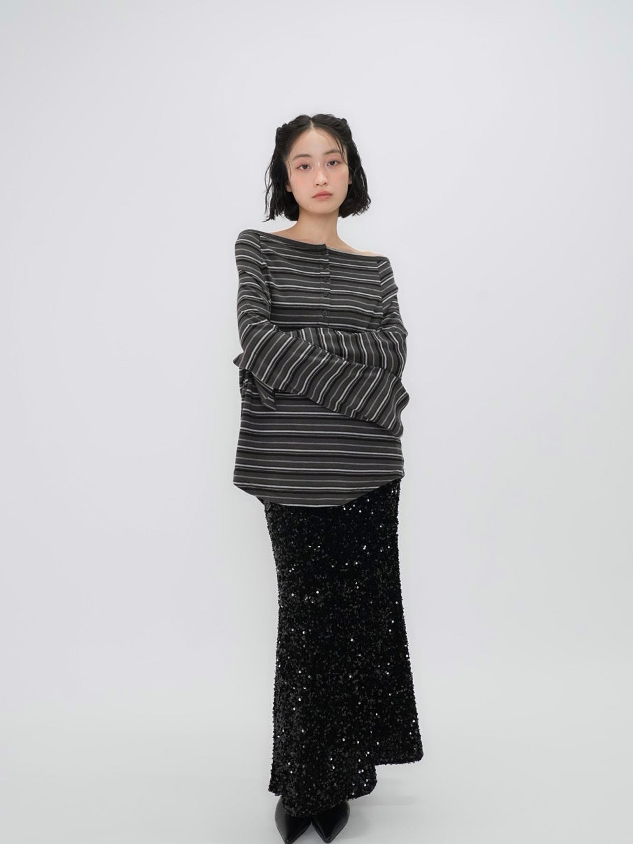 stripe button off shoulder t