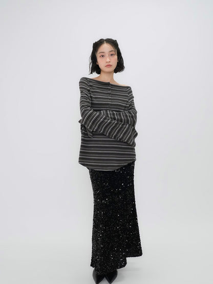 stripe button off shoulder t