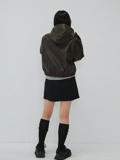 cropped hooded leather jacket