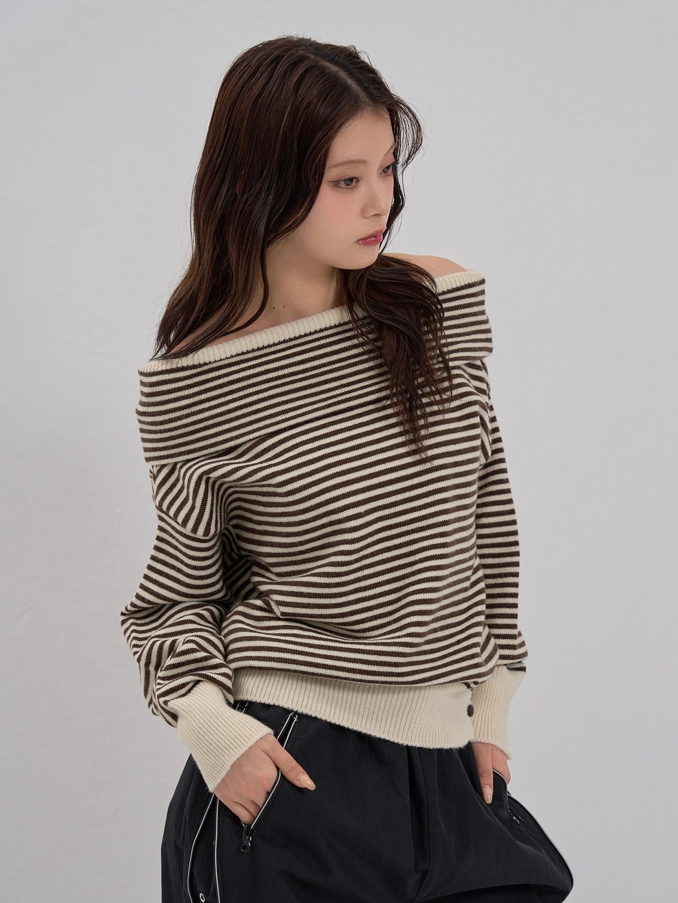 striped off shoulder knit