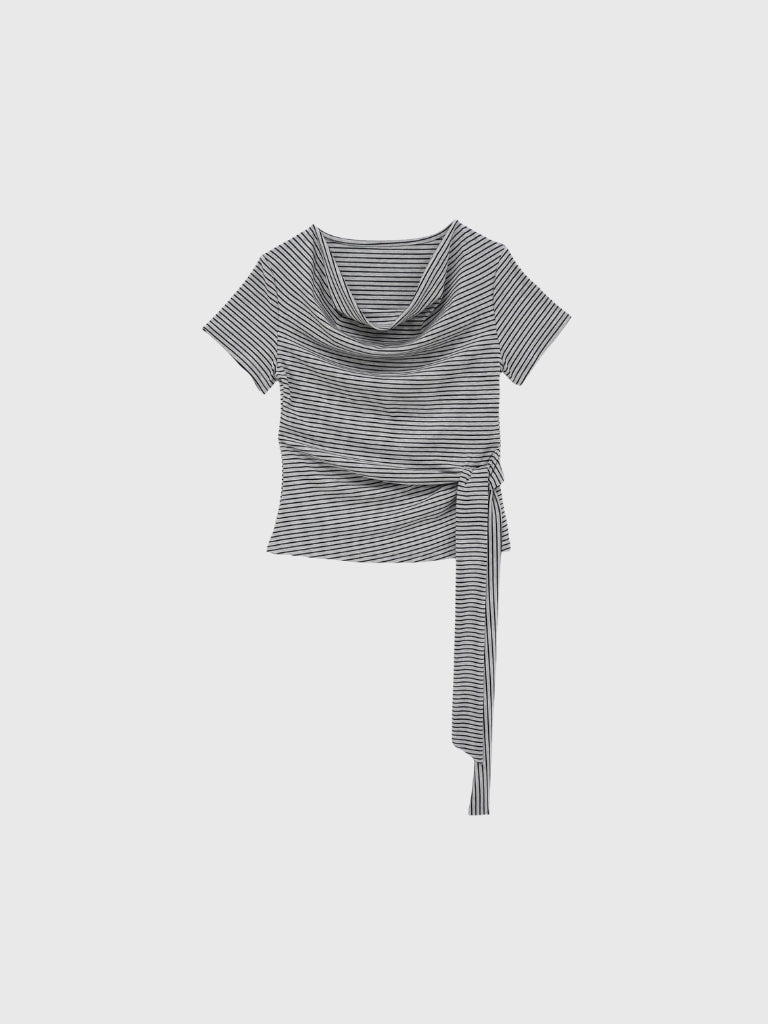 waist tie stripe tops
