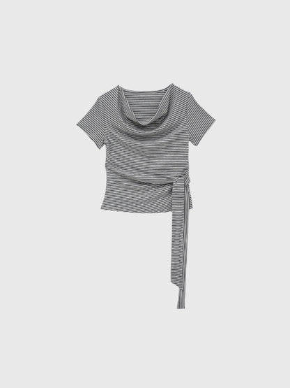waist tie stripe tops