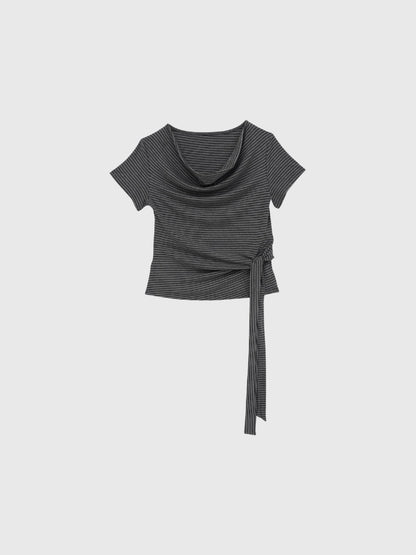 waist tie stripe tops
