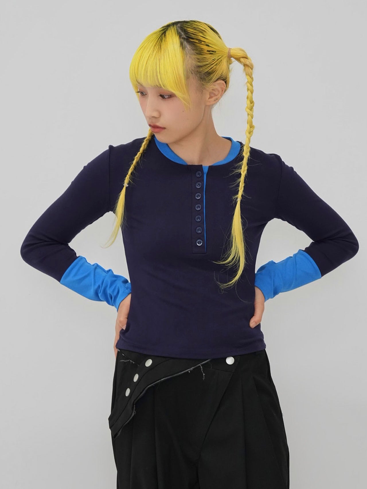 half button bicolor tops