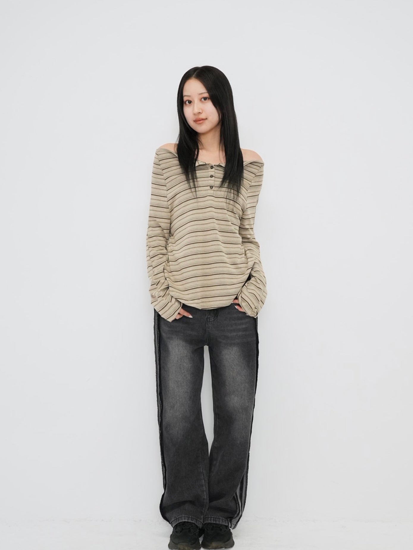 stripe button off shoulder t