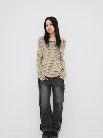 stripe button off shoulder t