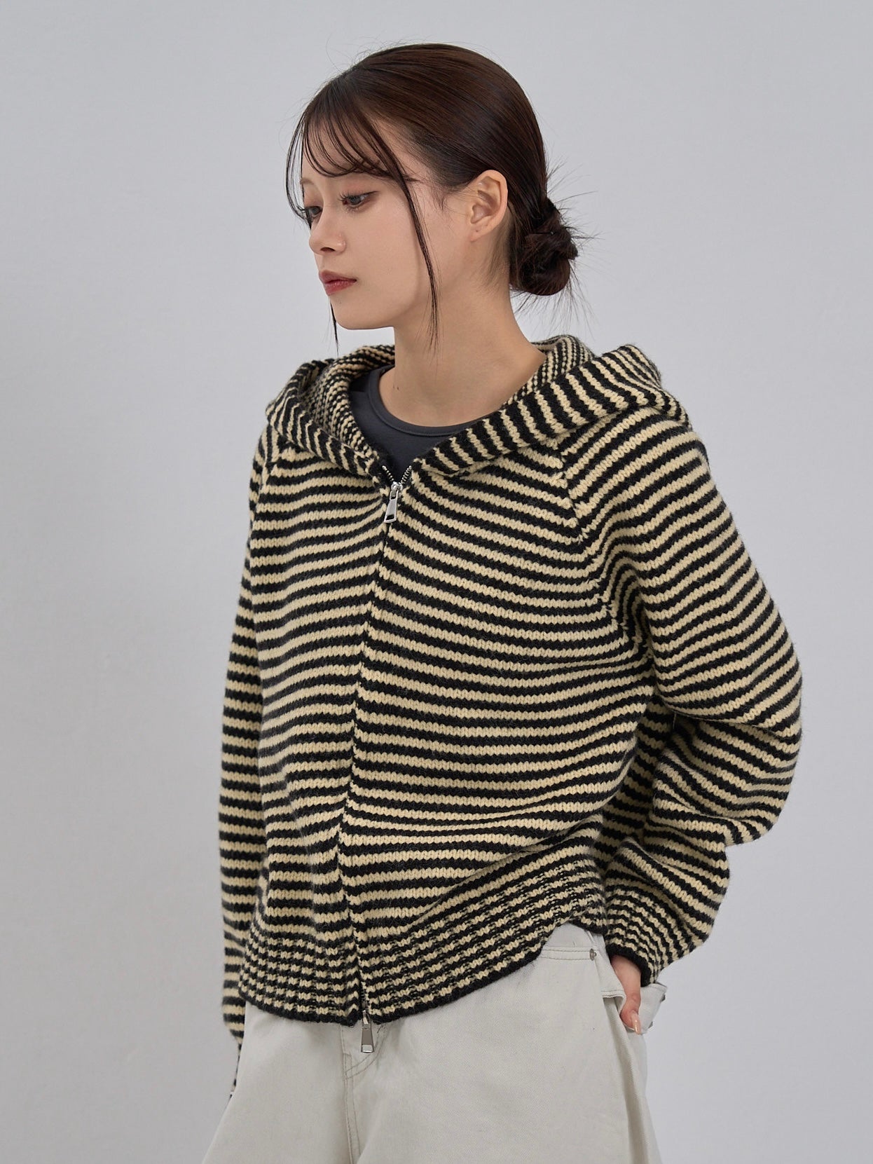 double zip striped knit hoodie