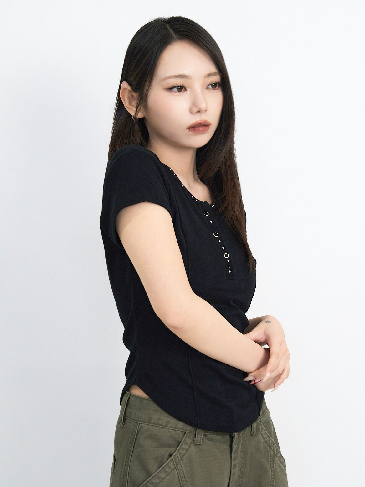 cropped stud henley tops