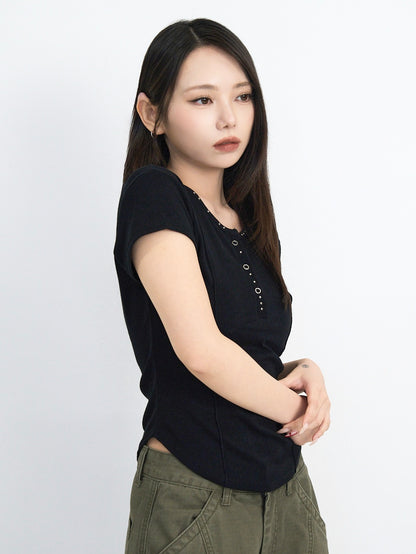 cropped stud henley tops