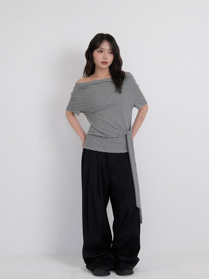 waist tie stripe tops