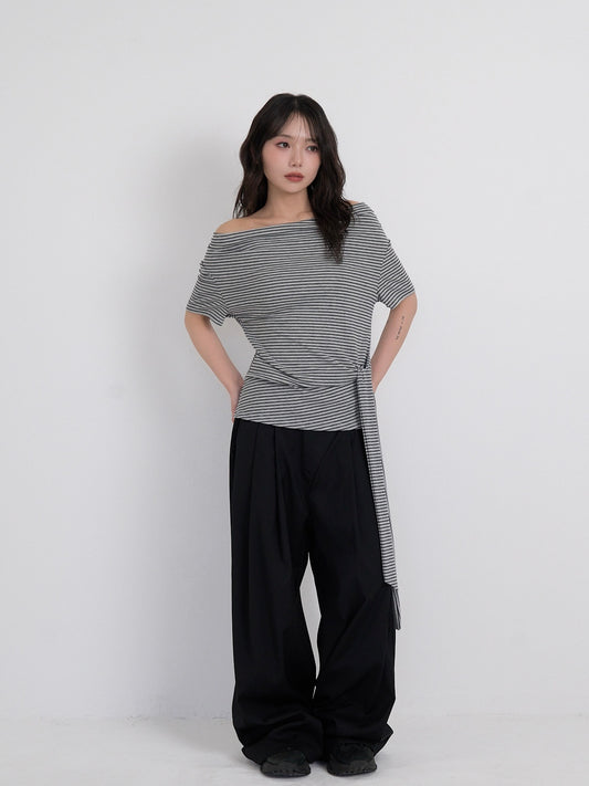 waist tie stripe tops