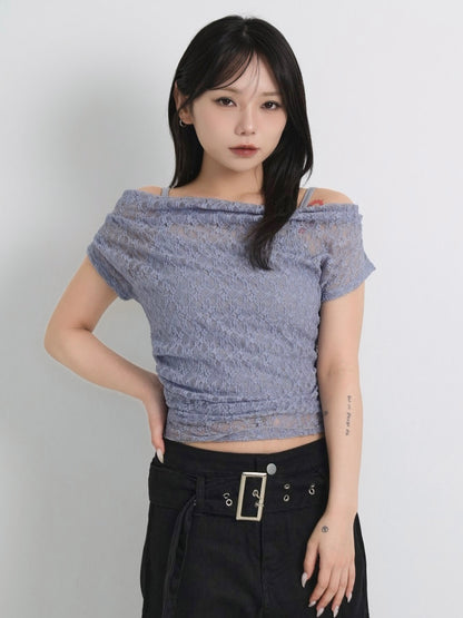 lace shirring off shoulder tops