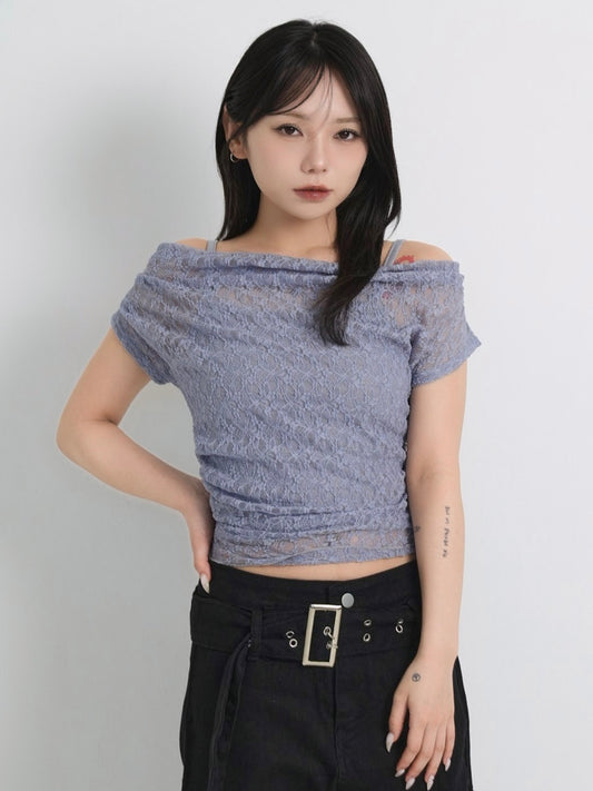 lace shirring off shoulder tops