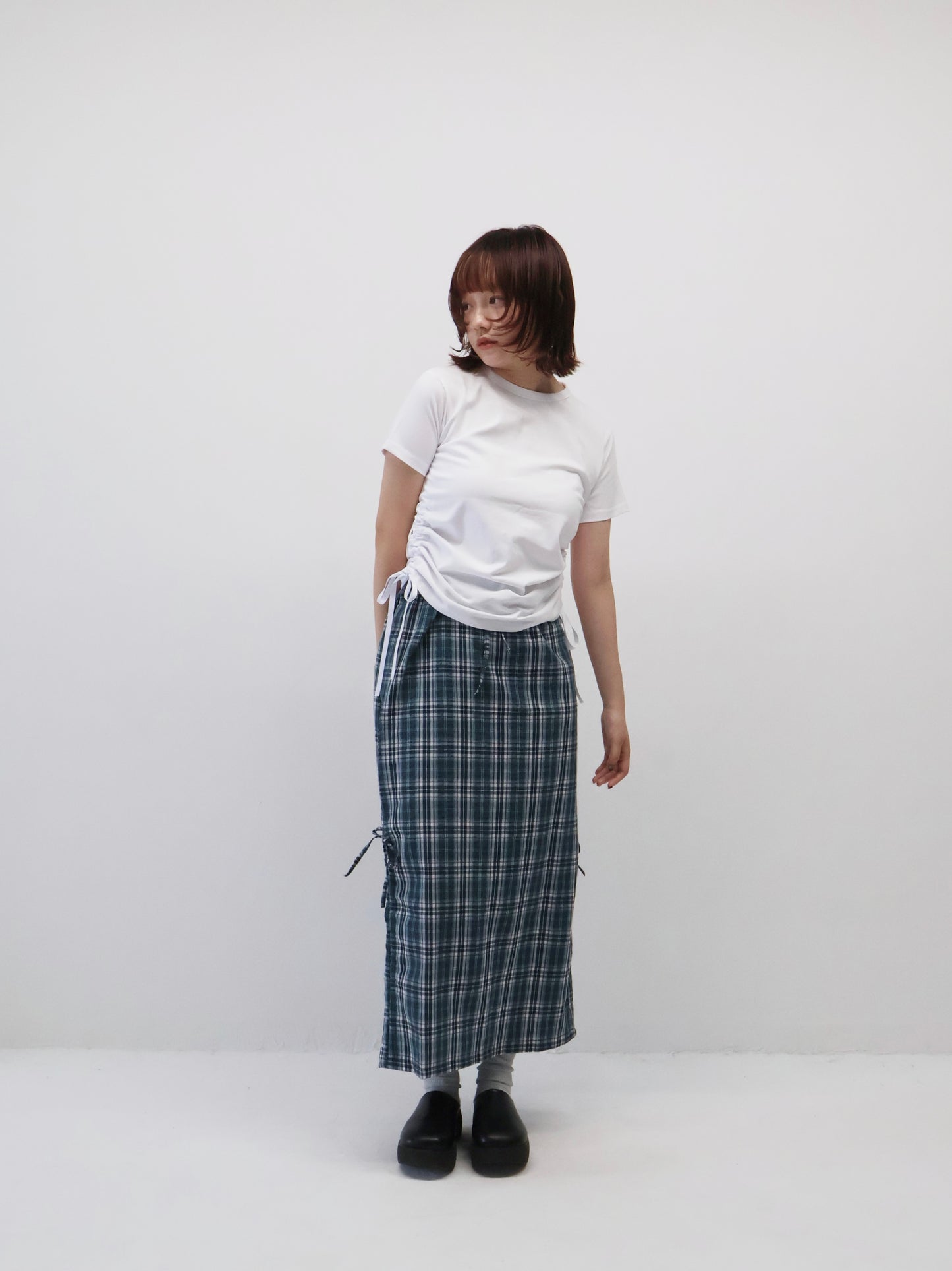 drawstring check skirt