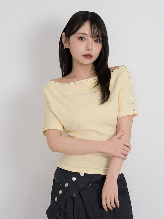 studs off shoulder half sleeve tops