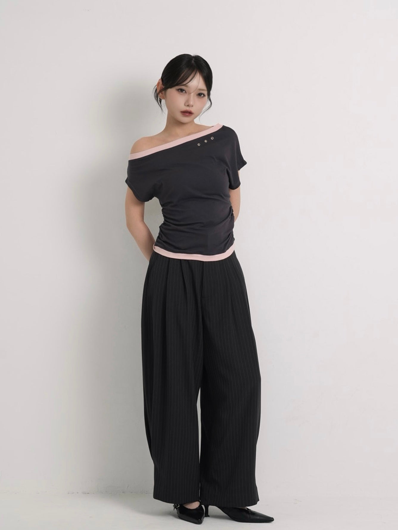 bicolor eyelet off shoulder tops