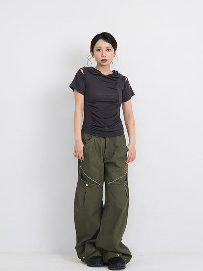 ‫low rise cargo pocket wide pants ‬