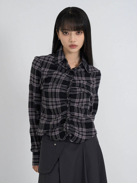 check frill blouse shirt