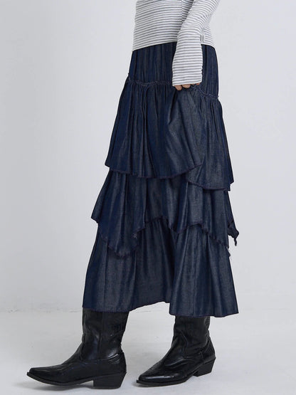 volume denim tiered skirt
