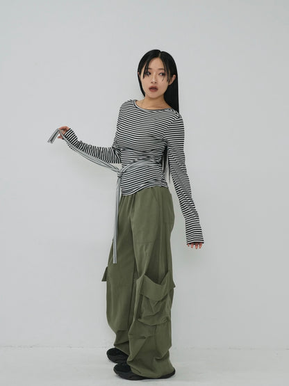 stripe waist wrap tops