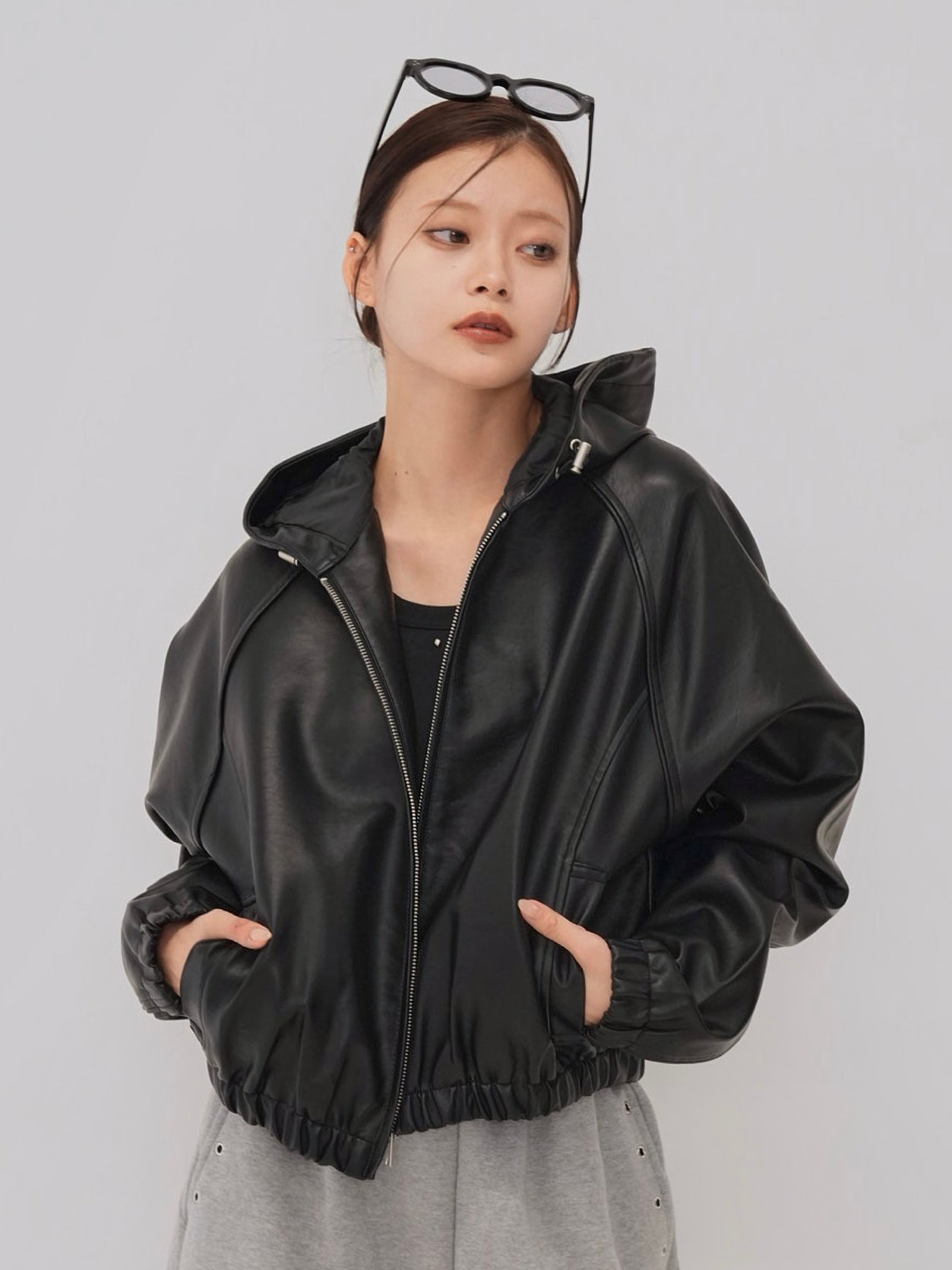 cropped hooded leather jacket