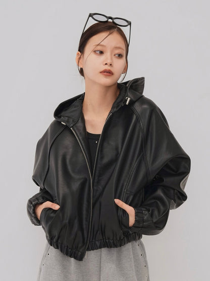 cropped hooded leather jacket